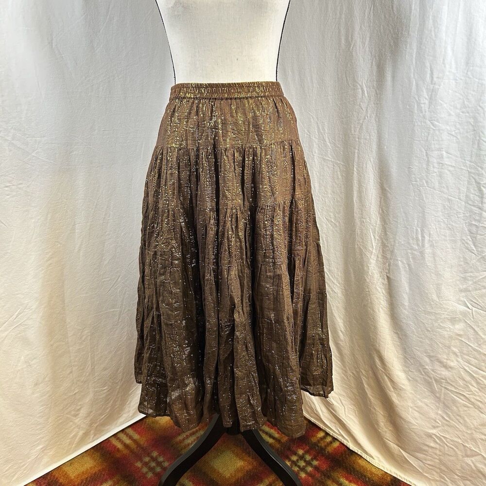 ZeroZero Y2K Hippie Boho Brown Cotton & Gold Metallic Thread Midi Skirt Size M